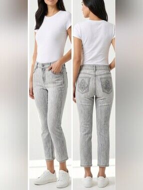Chico's Platinum Ultimate Light Gray Women's Crop Jeans Rhinestones 0.5/Small